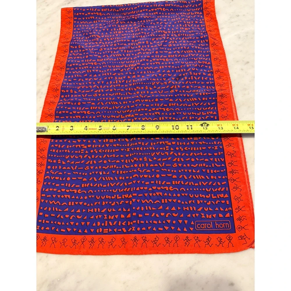 Vintage Carol Horn Silk Oblong‎ Scarf Purple Orange Geometric Stick Figure 15x41